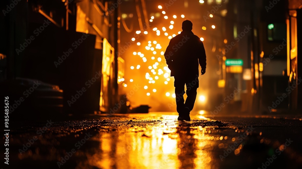 A silhouetted figure walks down a dimly lit alley, illuminated by glowing sparks, creating a dramatic urban scene. A silhouetted figure walks down a dimly lit alley, illuminated by glowing sparks, creating a dramatic urban scene.