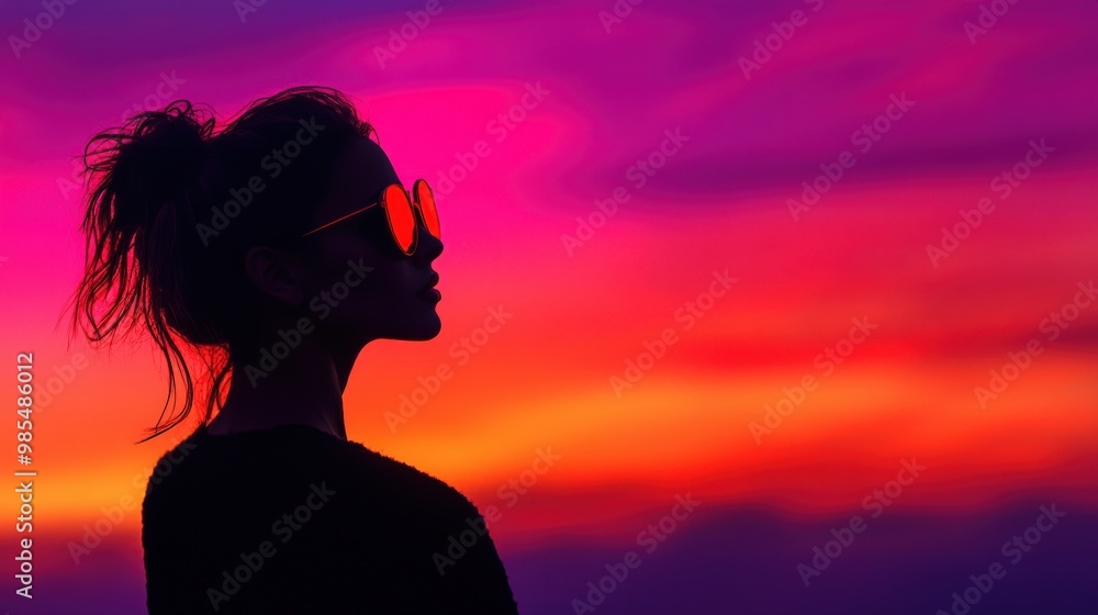 Silhouette of a woman in sunglasses against a vibrant sunset, showcasing colors of pink and orange in the sky. Silhouette of a woman in sunglasses against a vibrant sunset, showcasing colors of pink and orange in the sky.