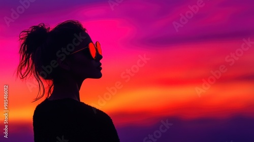 Silhouette of a woman in sunglasses against a vibrant sunset, showcasing colors of pink and orange in the sky.