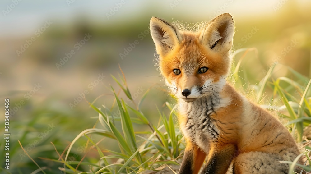 Playful wild baby red foxes nestled in the grass near a quiet beach, golden sunlight filtering through, Nova Scotia, June 2020 Playful wild baby red foxes nestled in the grass near a quiet beach, golden sunlight filtering through, Nova Scotia, June 2020