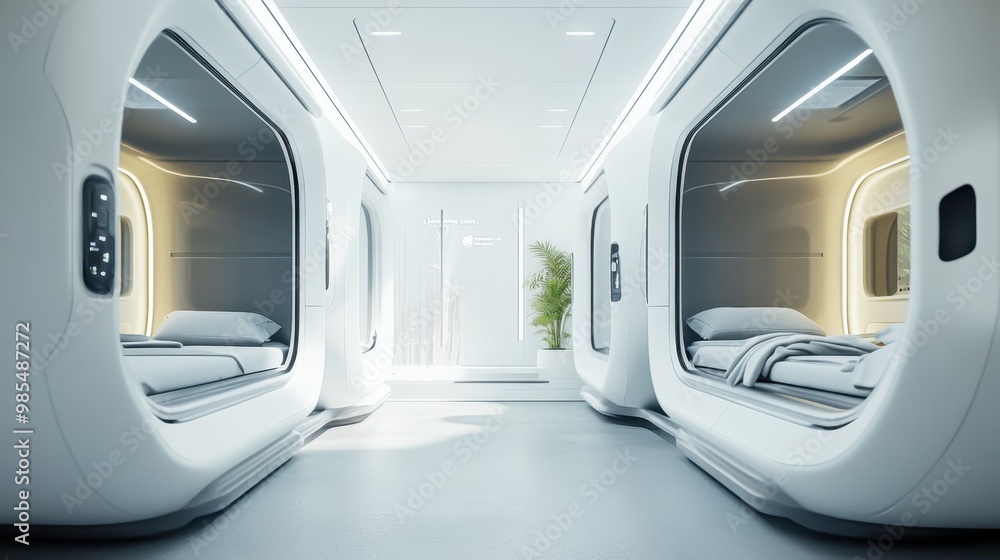 Futuristic interior showing sleeping pods in spaceship corridor with sunlight shining through window Futuristic interior showing sleeping pods in spaceship corridor with sunlight shining through window