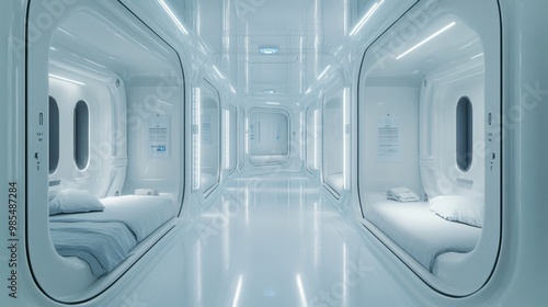Fototapeta Naklejka Na Ścianę i Meble -  Futuristic interior showing rows of hibernation pods going down a corridor