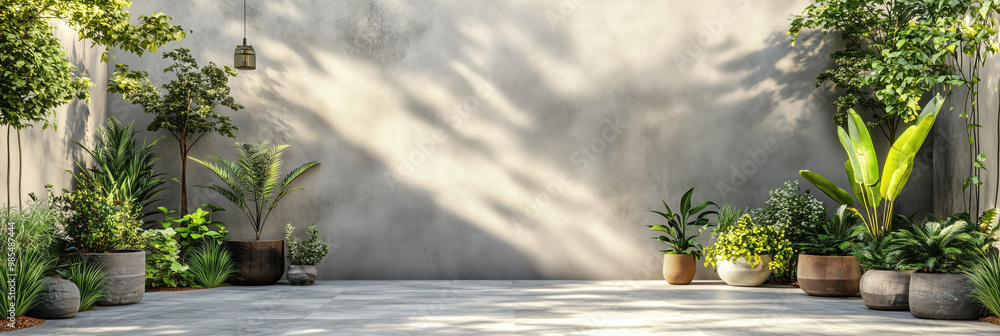 serene outdoor garden with various potted plants and textured wall serene outdoor garden with various potted plants and textured wall