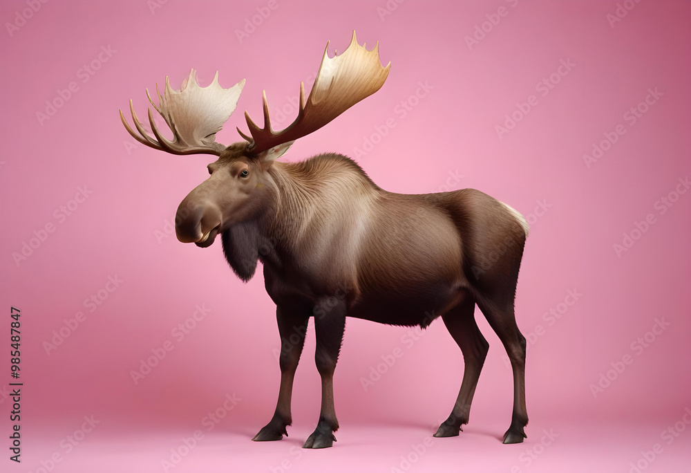 Obraz premium A majestic moose standing against a soft pink background. The moose has large, impressive antlers
