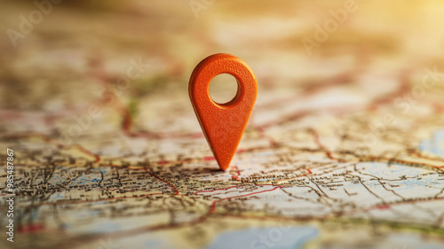 Location pin icon on paper map indicating the location and direction photo