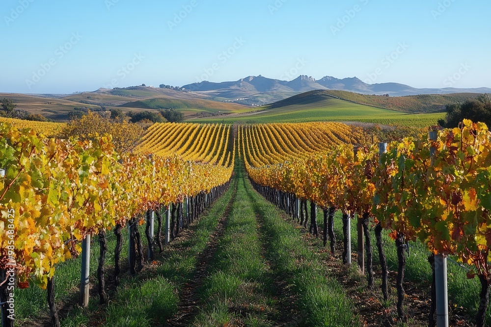 Fototapeta premium Golden rows of grapevines stretching into the distance in autumn vineyard
