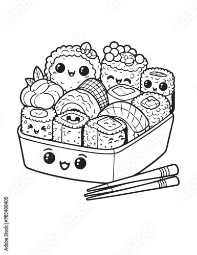 Illustration Coloring draw kawai food japan sushi in box black and white version good for kids
