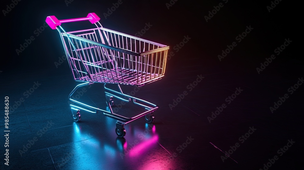 Neon-Lit Shopping Cart on Dark Background, Representing Online Shopping, Consumerism, and Retail Trends in a Futuristic Digital Setting. Neon-Lit Shopping Cart on Dark Background, Representing Online Shopping, Consumerism, and Retail Trends in a Futuristic Digital Setting.