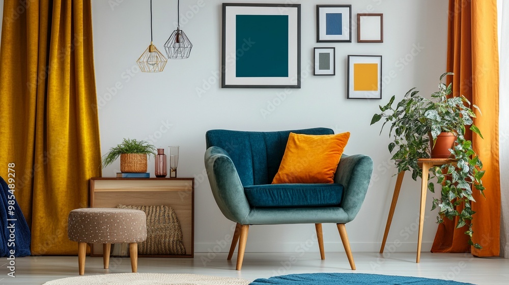 Fototapeta premium Scandinavian Interior Design of a Modern Living Room Featuring a Stylish Poster Mockup