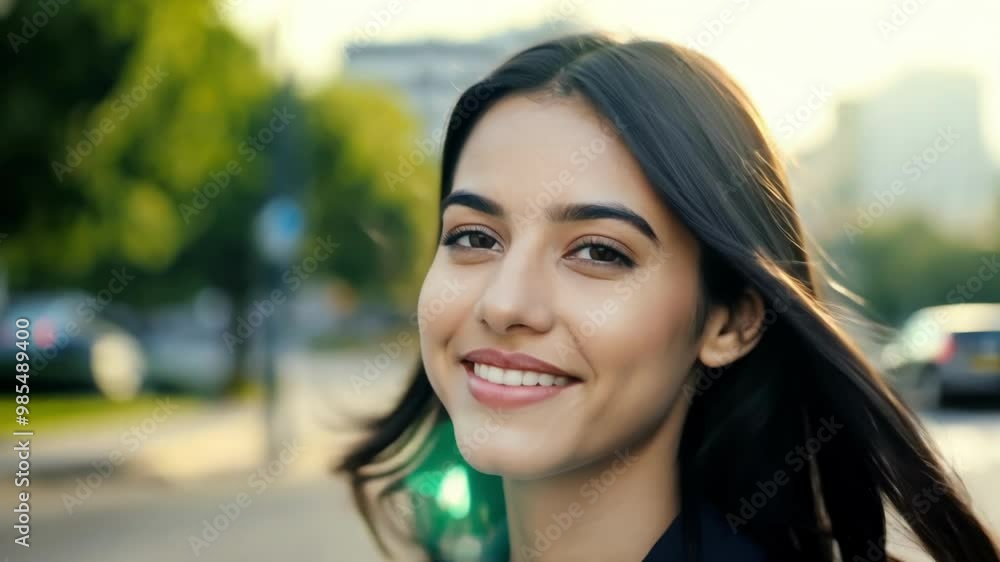 Portrait of a smiling young woman outdoors with natural light. She has long dark hair and a fresh, happy expression that radiates confidence and beauty. Portrait of a smiling young woman outdoors with natural light. She has long dark hair and a fresh, happy expression that radiates confidence and beauty.