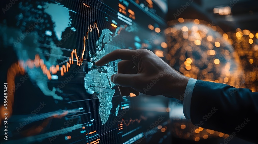 Financial Advisor Highlighting Virtual Graphs and Global Market Data Financial Advisor Highlighting Virtual Graphs and Global Market Data