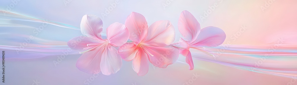 A close up of three pink flowers with a blue background A close up of three pink flowers with a blue background