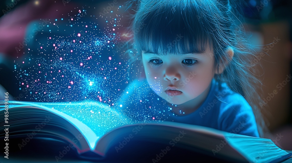 young child reading a storybook, with the pages with futuristic technology. young child reading a storybook, with the pages with futuristic technology.
