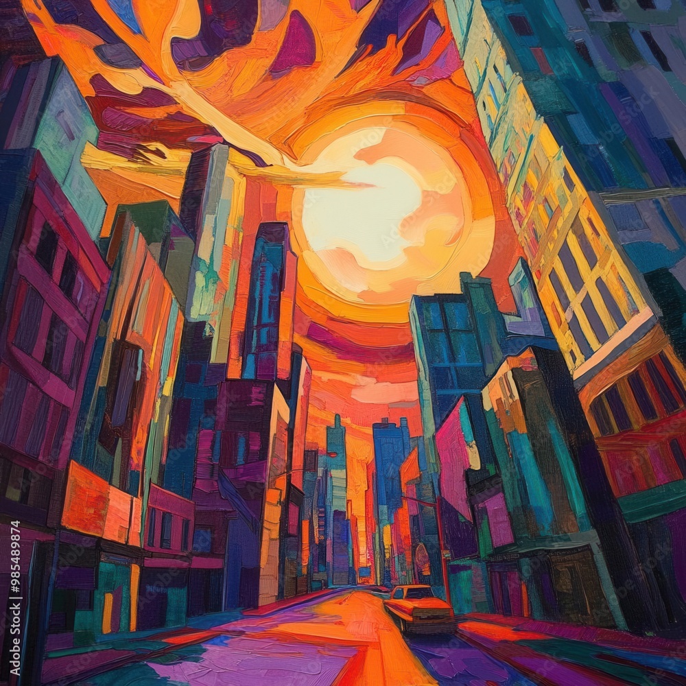 A vibrant cityscape under a setting sun A vibrant cityscape under a setting sun