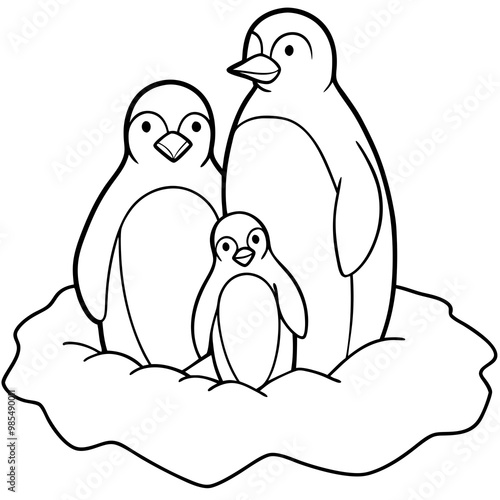 
Penguin Family Huddling on Ice Floe Line Art Vector