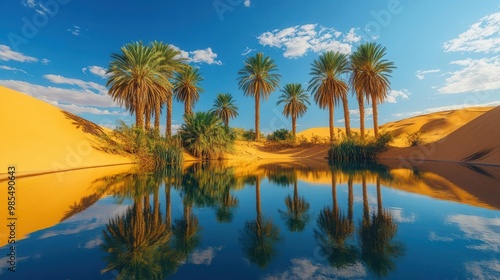 A crystalclear desert oasis surrounded by tall palm trees and golden sand dunes under a bright blue sky