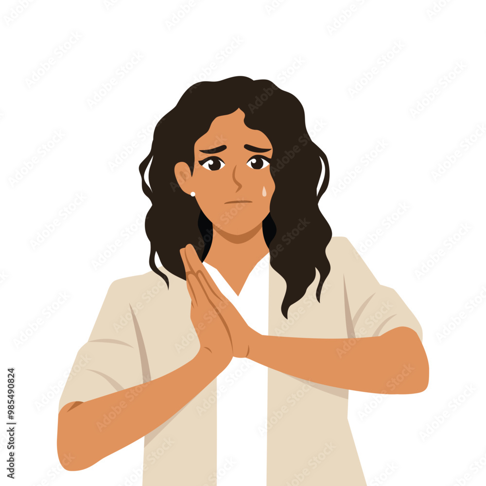 Young woman look holding palms pressed together, asking for forgiveness. Flat Vector Character illustration Young woman look holding palms pressed together, asking for forgiveness. Flat Vector Character illustration