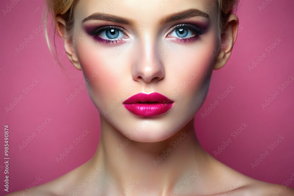A woman with a pink face and blue eyes A woman with a pink face and blue eyes