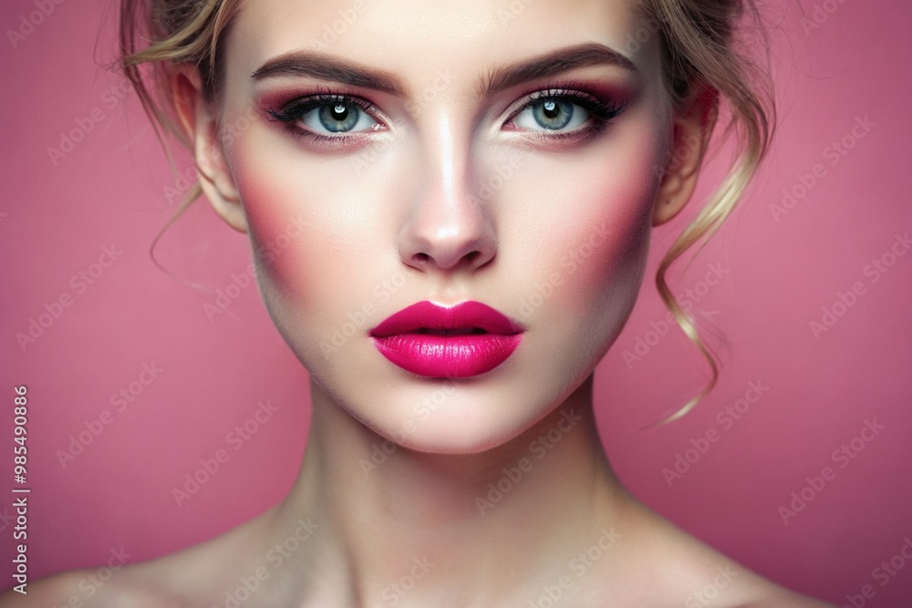 A woman with a pink face and blue eyes A woman with a pink face and blue eyes