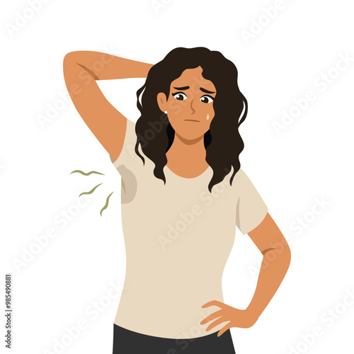 Woman sniffing and smelling her bad smell wet armpit. Flat Vector Character illustration