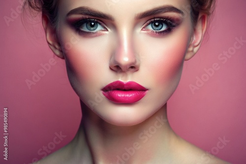 A woman with a pink face and blue eyes