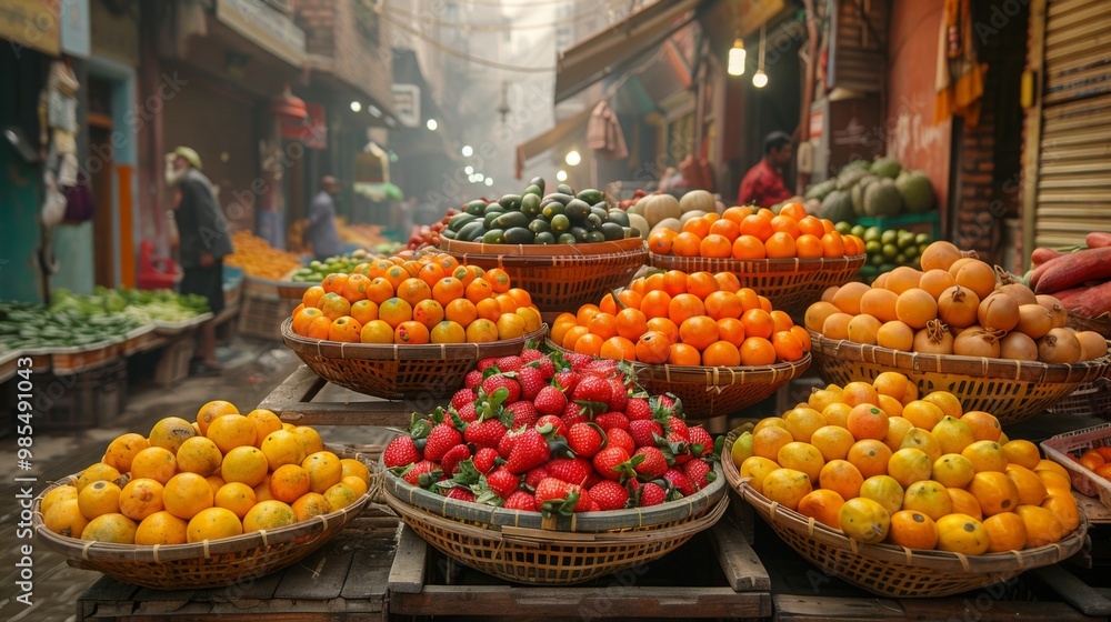Obraz premium Vibrant Fruit Display at a bustling Indian Market