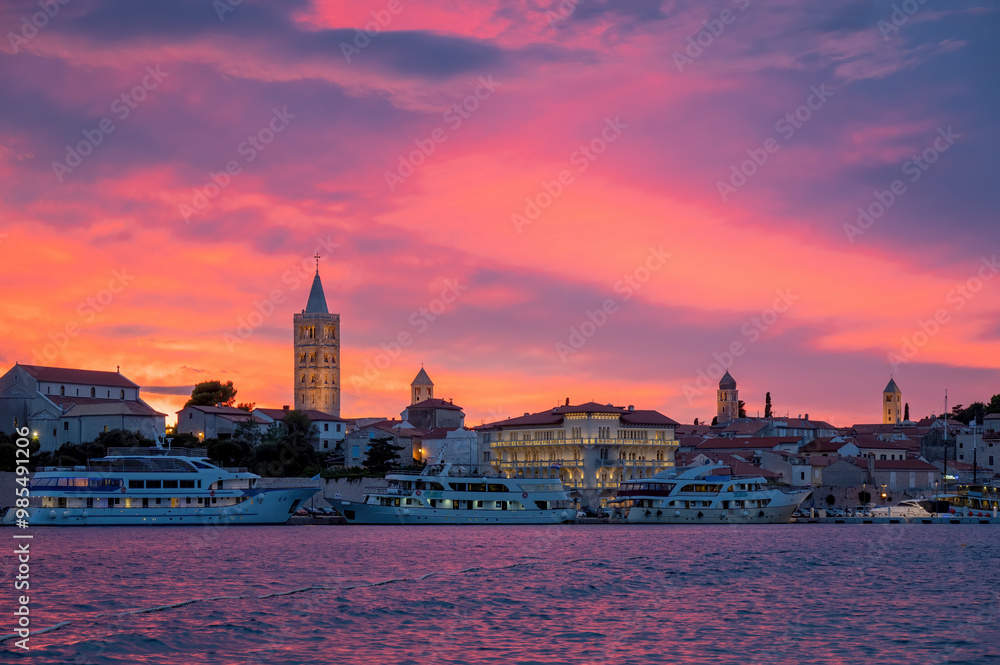 Fototapeta premium Rab, Rab Island, Croatia. Cityscape image of iconic village Rab, Croatia located on Rab Island at sunset.