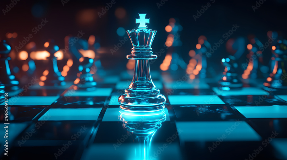 Envision top angle view of a chessboard with a transparent single king chess pieces in the center Envision top angle view of a chessboard with a transparent single king chess pieces in the center