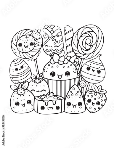 Illustration Coloring draw kawai food sweety nice candy black and white version good for kids