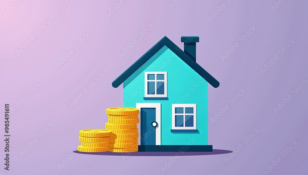 Mortgage Concept Large Blue House Gold Coins Real Estate Rental Private Property Transactions Cottage Townhouse Flat Illustration Violet Background Mortgage Concept Large Blue House Gold Coins Real Estate Rental Private Property Transactions Cottage Townhouse Flat Illustration Violet Background