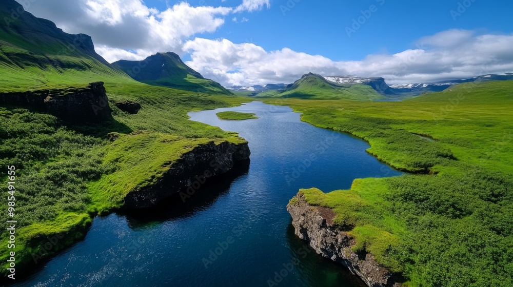 A winding river flows through a lush green valley surrounded by mountains. A winding river flows through a lush green valley surrounded by mountains.