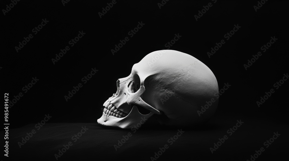 Naklejka premium A detailed side view of a human skull against a black background, showcasing anatomy and artistic design in monochrome.