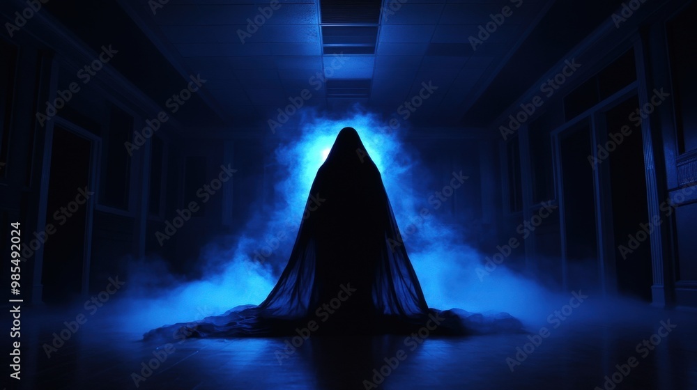 A mysterious figure shrouded in darkness, enveloped by eerie blue mist in a dimly lit hallway, creating an atmosphere of suspense. A mysterious figure shrouded in darkness, enveloped by eerie blue mist in a dimly lit hallway, creating an atmosphere of suspense.