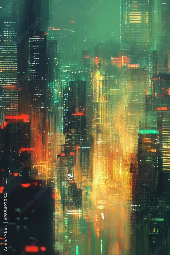 Fototapeta premium Futuristic metropolis with softedged architecture, glowing buildings with blurred lights and digital smog creating a serene, impressionistic feel