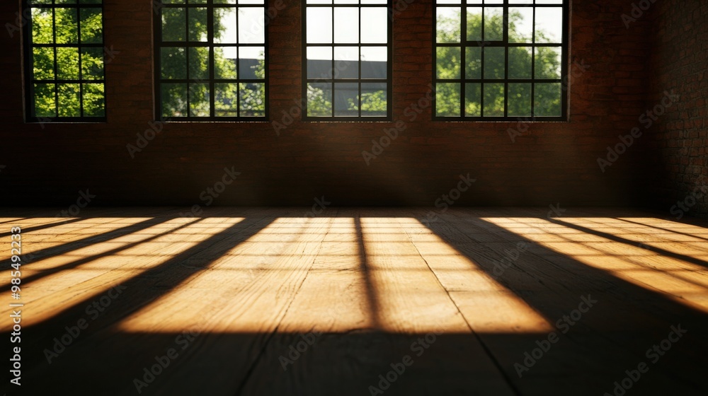 A serene interior scene showcasing natural light casting gentle shadows across a wooden floor through vintage window frames. A serene interior scene showcasing natural light casting gentle shadows across a wooden floor through vintage window frames.