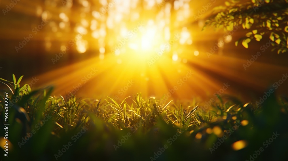 Naklejka premium A serene scene showcasing golden sunlight filtering through trees onto green grass, creating a peaceful and warm atmosphere.