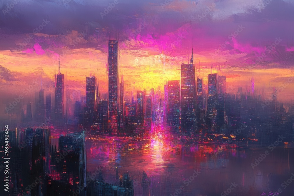 Fototapeta premium A futuristic skyline at sunset, shimmering with radiant colors, soft brushstrokes of light playing off sleek chrome structures, evoking a modern impressionist canvas