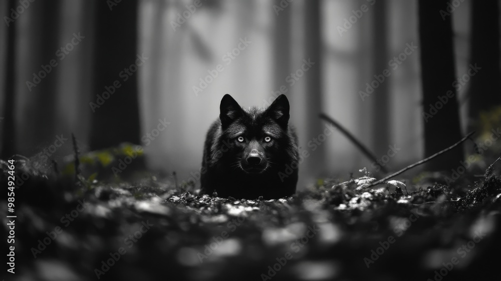 A striking black wolf cautiously walks through a misty forest, creating an atmosphere of mystery and wildness. A striking black wolf cautiously walks through a misty forest, creating an atmosphere of mystery and wildness.