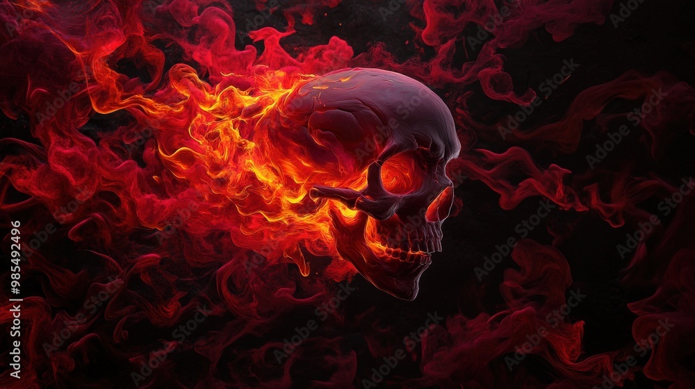 Fototapeta premium A striking skull surrounded by swirling red flames, creating a dramatic and intense visual effect against a dark background.