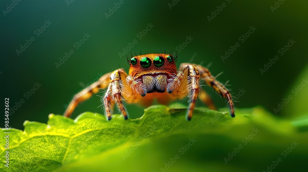 Naklejka premium A vibrant close-up of a jumping spider perched on a green leaf, showcasing its striking colors and intricate eye patterns.