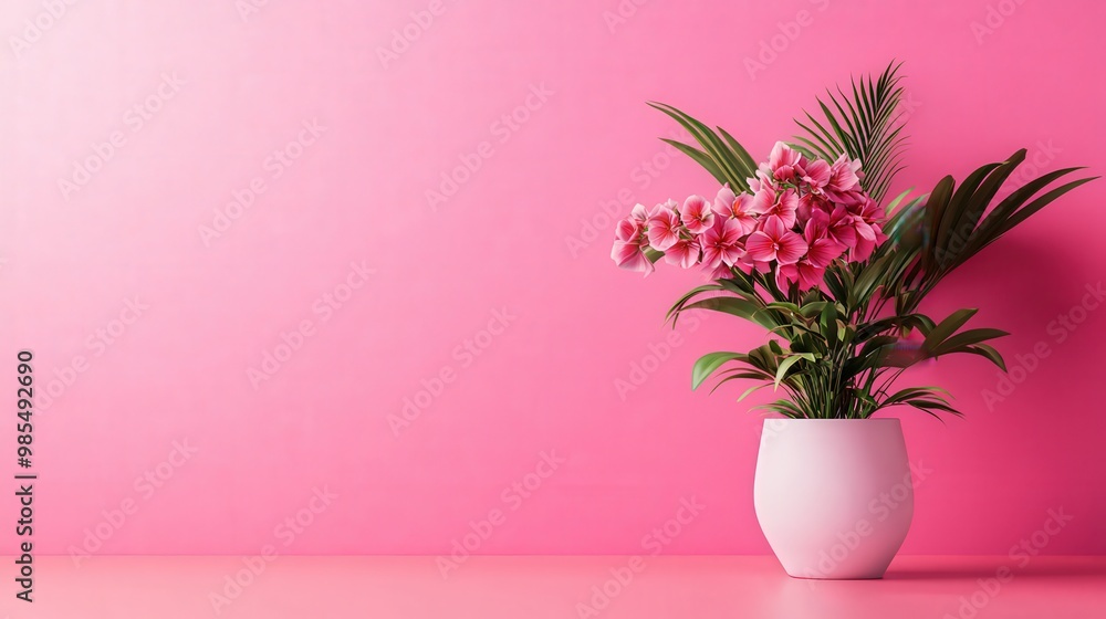 A vibrant pink flower arrangement in a modern white pot against a stylish pink backdrop, perfect for home decor. A vibrant pink flower arrangement in a modern white pot against a stylish pink backdrop, perfect for home decor.