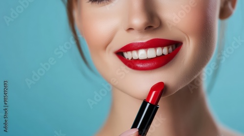 A captivating close-up of a woman's radiant smile, accentuated by a bold red lipstick. 