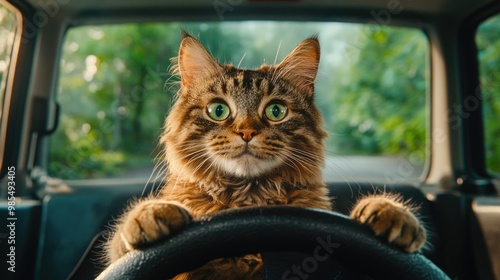 Cute cat driving car on a sunny day through a forest