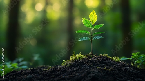 A Single Sapling Emerging From the Forest Floor photo