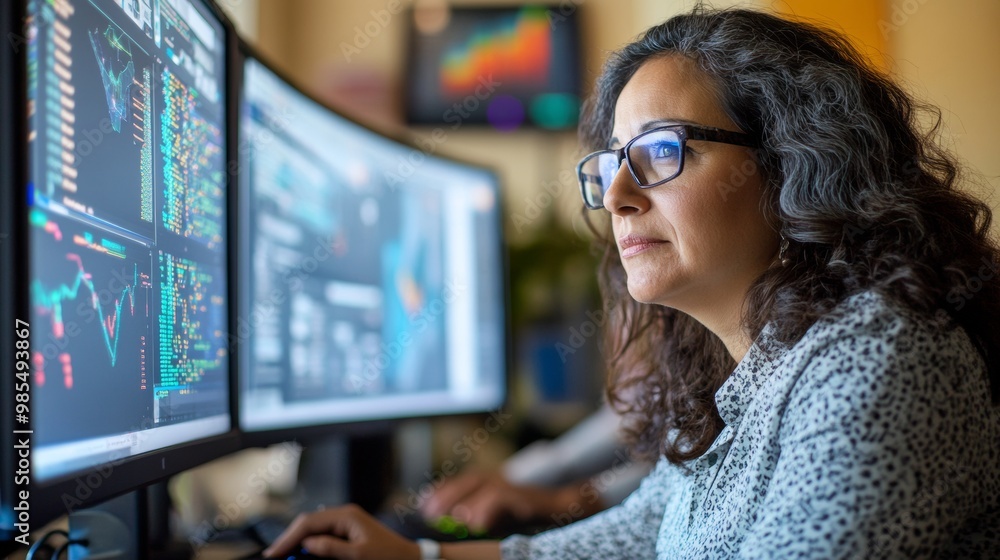 Hispanic Senior Data Scientist Reviewing Risk Reports in High-Tech Monitoring Room Hispanic Senior Data Scientist Reviewing Risk Reports in High-Tech Monitoring Room