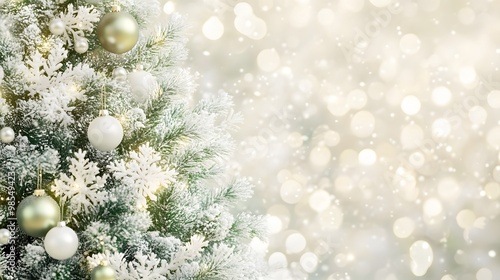 A beautifully decorated Christmas tree with green and white baubles, snowflake ornaments, and twinkling fairy lights. The frosted branches add a wintery touch.