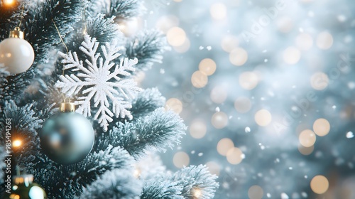 A beautifully decorated Christmas tree with green and white baubles, snowflake ornaments, and twinkling fairy lights. The frosted branches add a wintery touch.