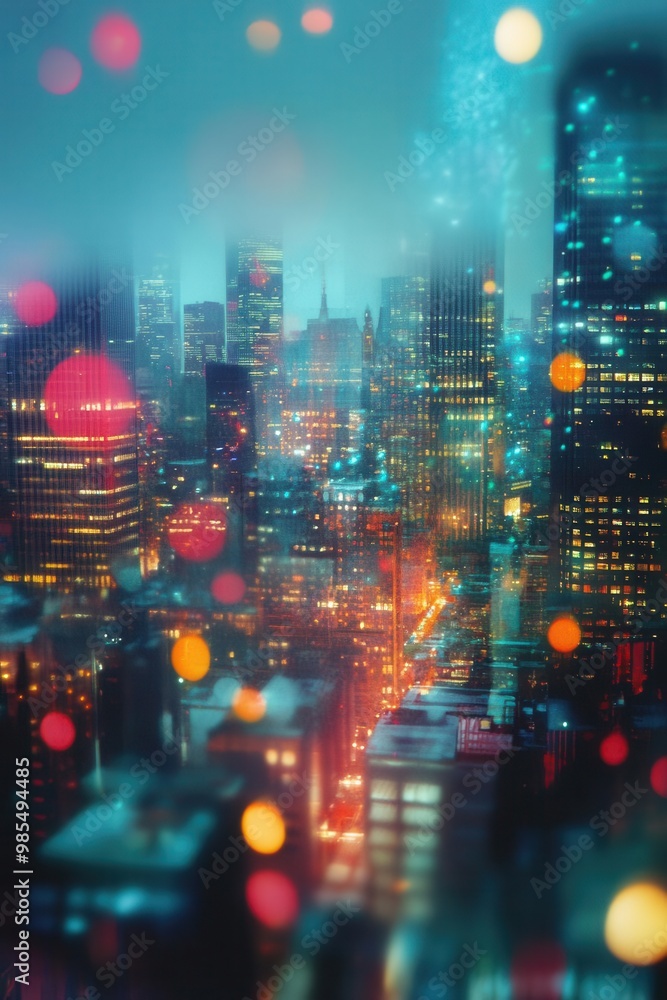 Obraz premium Futuristic metropolis with softedged architecture, glowing buildings with blurred lights and digital smog creating a serene, impressionistic feel