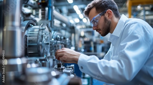 A technician calibrating machinery in a high-tech manufacturing facility, focused on ensuring precision and accuracy,