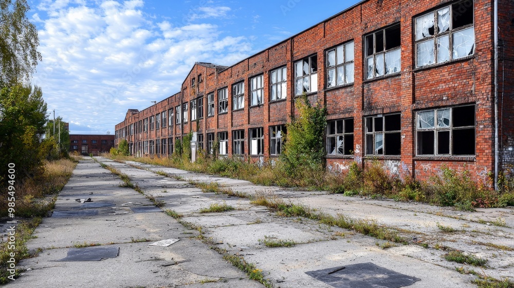 An empty industrial area with abandoned warehouses, broken windows, and overgrown weeds, illustrating the consequences of economic failure An empty industrial area with abandoned warehouses, broken windows, and overgrown weeds, illustrating the consequences of economic failure